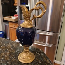 Victorian Style 8.5&quot; EWER Blue Glass Ball Cast Metal Handle Base NONFUNC... - $49.46