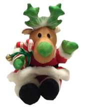 Vintage Puffalump Style Christmas Nylon Reindeer Plush holding Jingle Bells 9in - £28.76 GBP