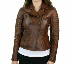 Women Leather Jacket Cafe Racer Distress Brown Slim Fit Moto Biker Jacket N30 - £87.90 GBP