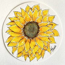 Sunflower Original Art Round Handmade Watercolor Dip Pen Painting Framed 7&quot; - £59.91 GBP