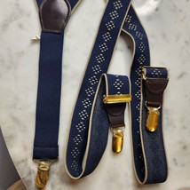 Vintage Suspenders Braces Gold Clips Dapper Navy Blue Cream Geometric Pa... - £15.04 GBP