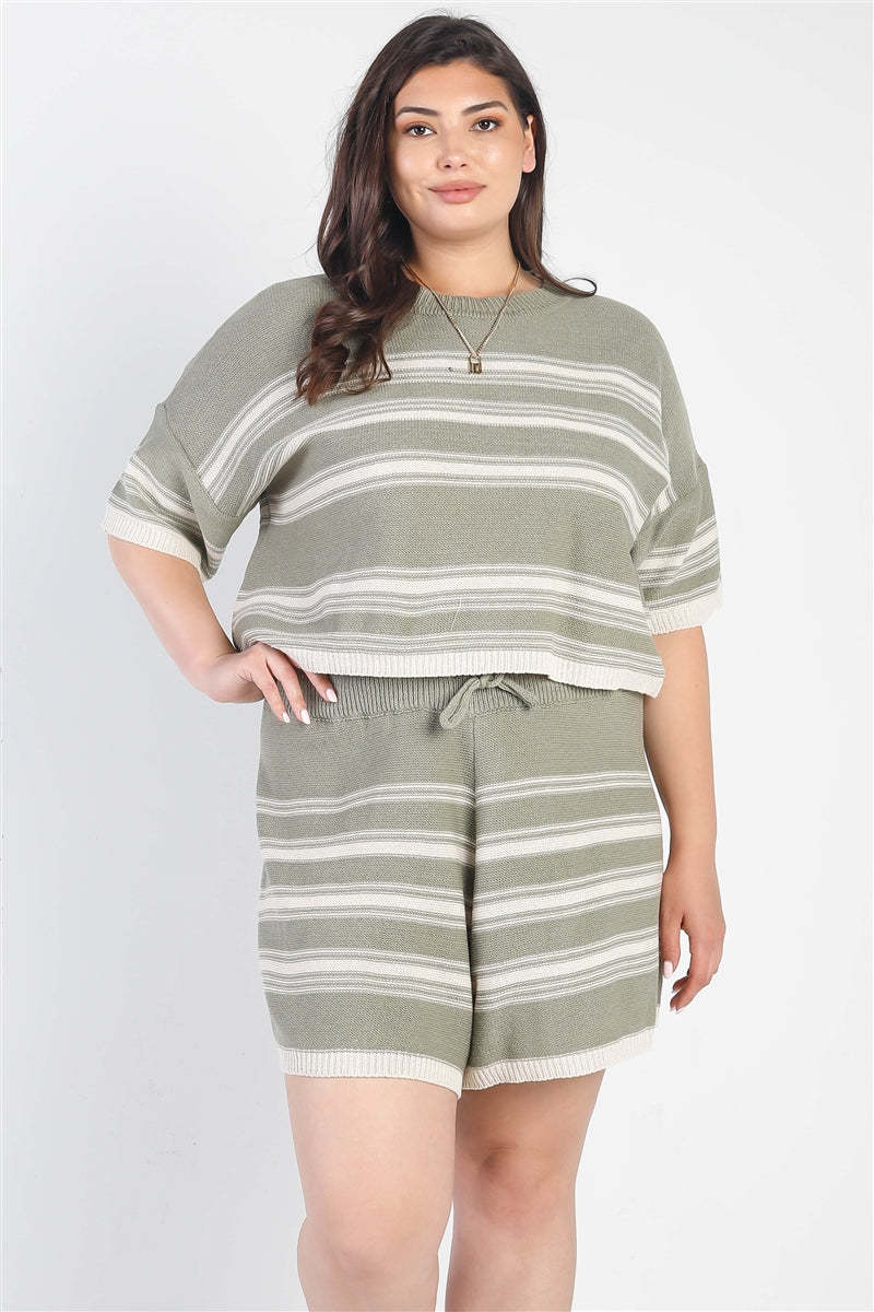 Women&#39;s Plus Olive Striped Knit Short Sleeve Crop Top High Waist Shorts Set - $28.40