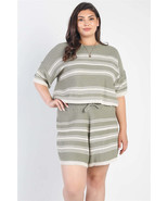Plus Olive Striped Knit Short Sleeve Crop Top High Waist Shorts Set - $38.84 CAD