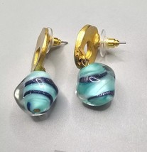 Sky Blue Color Faceted Glass Beads Pierced Earrings Round Shaped Gold Tone Metal - $8.00