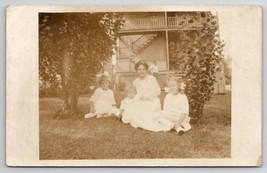 RPPC Edwardian Family Mother Daughters Hair Bows On Lawn Postcard K23 - £11.69 GBP