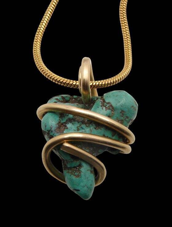 Gorgeous Hand Forged Natural Blue Turquoise Pendant Bronze Merlin&#39;s Gold... - $44.00