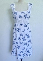 Nanette Lepore Sleeveless Dress XS White Seersucker Butterfly Print Crochet Trim - £31.46 GBP