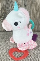 Bright Starts White & Pink UNICORN Plush Toy With Teether Clip And Crinkle Feet - $8.91