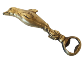 Solid Brass Dolphin Bottle Opener 6in Hand-forged 1970s Metal Figurine - £33.62 GBP