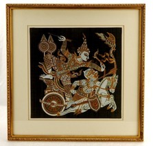 Krishna Guiding Arjuna&#39;s Chariot, Black Silk Painting, Indian Religion F... - $48.95