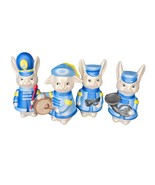 Vintage 70s Kitschy Easter Bunny Marching Band Blue Figurines Set Of 4 C... - $38.57