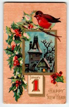 New Years Day Postcard Holiday Greetings Song Bird Holly Branches Church Vintage - £8.73 GBP