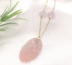 14k Yellow Gold Art Deco Carved Genuine Natural Rose Quartz Necklace (#J7180) - $628.65