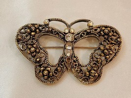 Vintage Art Deco Gold Tone Clear &amp; Amber Glass Rhinestone Butterfly Brooch/ Pin - £14.33 GBP