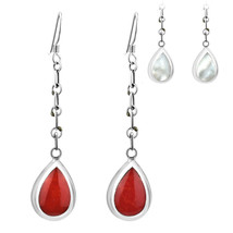 Dangling Teardrops 2 Sided Red Coral and White Shell Sterling Silver Earrings - $19.59