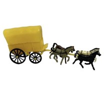 Vintage Plastic Toy Yellow Covered Wagon with Four Horses 4 1/2&quot; x 1 3/4&quot; - $14.22