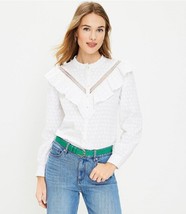 Ann Taylor LOFT White Clip Ruffle Long Sleeve Crochet Button Blouse Sz M... - £27.05 GBP