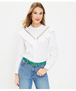 Ann Taylor LOFT White Clip Ruffle Long Sleeve Crochet Button Blouse Sz M... - £27.18 GBP