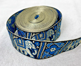 NOS Vintage Brocade Woven Ribbon Trim Blue w GOLD Elephant 10 yards 1.5 ... - $28.22