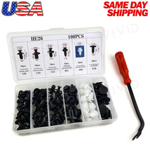 100pc Set Plastic Rivets Fender Bumper Push Pin Clips + Tool for Chrysler Jeep - £13.44 GBP