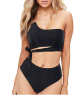 1 Shoulder High Waisted Black Bikini Cut 2 Pc Swimsuit Push Up Set Women... - $226.54 MXN