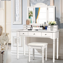 Costway Vanity Set W/7 Drawers Tri-Folding Necklace Mirror Dressing Table White - £284.00 GBP