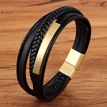 XQNI Multi-layer Hand-woven Steel Black Men Leather Stainless Steel Bracelet DIY - £11.97 GBP