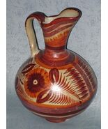 1960s Mexico Pottery Pitcher Canelo Burnished Red Brown Floral 12" Handmade - $34.65