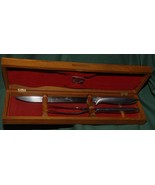 MINTY! Vintage GERBER CHEF KNIFE & FORK roast carving/slicing set in Walnut Box! - $49.49