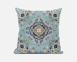 16&quot; Aqua Blue Floral Geometric Suede Throw Pillow - £39.49 GBP