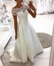 Short Sleeve Lace Wedding dress Off Shoulder Long White Satin Bridal Gowns - $169.99