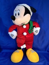 27” Mickey Mouse Porch Greeter Winter Christmas Red Hat Green Scarf Hands On Hip - £44.83 GBP