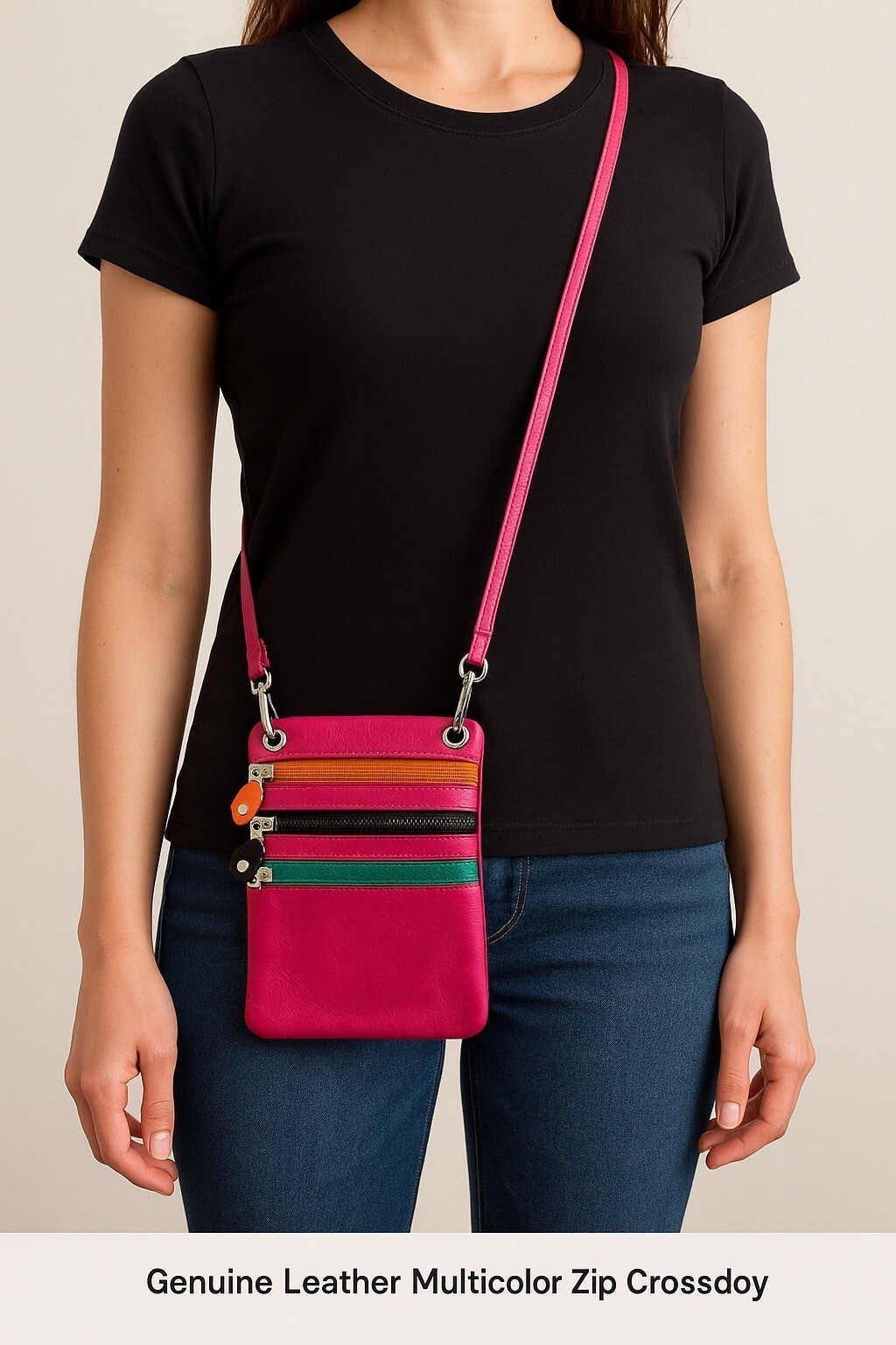 Genuine Leather Multicolor Zip Crossbody Bag Made in Italy Item image 5