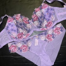 Victoria&#39;s Secret 36G 80G Unlined Bra Set L Lilac Purple Pink Floral Embroidered - £63.10 GBP