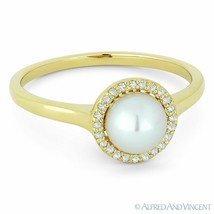 Freshwater Pearl &amp; 0.08ct Round Cut Diamond Halo 14k Yellow Gold Right-Hand Ring - £290.13 GBP