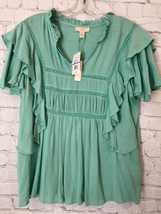 Cupio Blush Womens Small Ruffle Top Mint Green Short Sleeve V Neck Gauzy NWT - $14.03