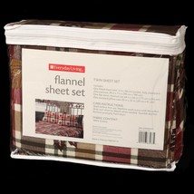 Everyday Living Flannel Twin Sheet Set Plaid Leaves Cotton Red Green Brown NEW - £20.38 GBP