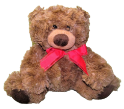 8&quot; Auora Teddy Bear Chocolate Brown Plush Stuffed Animal Soft Cuddly W Red Bow - £7.55 GBP