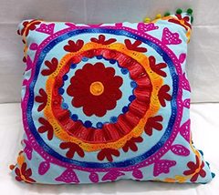 Embroidered Cushion Covers 16x16, Decorative Throw Pillow Case, Indian Pom Pom O - £10.35 GBP