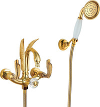 Gold wall mounted swan Handles Bath Tub shower Filler Faucet with Handsh... - £342.92 GBP