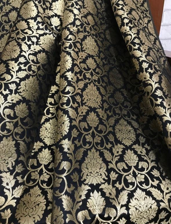 Primary image for Indian Brocade Fabric Black and Gold Fabric Wedding Fabric, Abaya Fabric -NF642