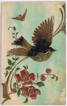Greetings Postcard Embossed Poppies &amp; Bird Gold Gilt  - $2.96