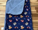 Just Born Blue Baby Blanket Raccoon Teddy Bear Rocket Car Scooter 30x38 - $32.29