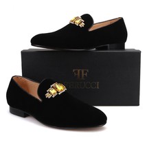 Handmade FERUCCI Men Black Velvet with Gold Crystal Brooch Slippers loafers Flat - £133.76 GBP