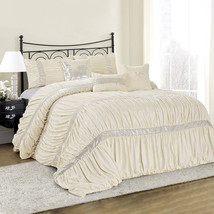 HIG 7 Piece Classica Chic Ruched Pleated Ivory Comforter Set in Queen King Size - £45.72 GBP+