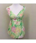 Lilly Pulitzer Top Womens 2 Blouse Pink Green Yellow Floral V-neck Silk ... - $23.75