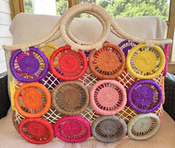 HAT ATTACK Large Medallion Straw Woven Basket Tote Bag Multi-color 18x15... - £137.13 GBP