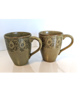 Set of 2 Pier 1 Green Floral Batik 4 1/8&quot; Coffee Cups/Mugs - $14.20