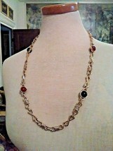 VINTAGE GOLDEN CHAIN NECKLACE OF X &amp; O LINKS BLK &amp; AMBER STATIONS TOGGLE... - £34.60 GBP