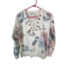 Inspired Hearts Long Sleeve Floral Lace Up V Neck Sweater Top Women Size XS - £9.97 GBP